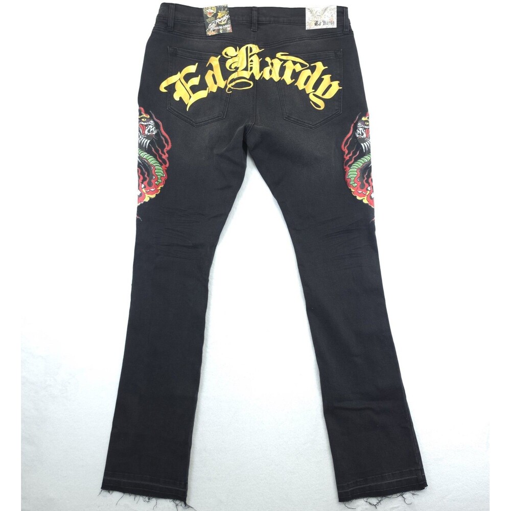Ed Hardy Jeans Mens Size 36x36 Black Denim Stacked Boot Cobra Streetwear NWT
